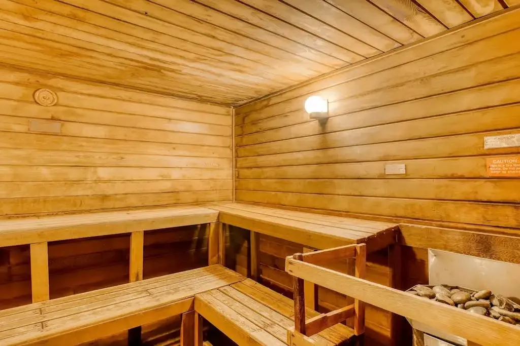 Wood-paneled sauna with tiered benches and a stone heater